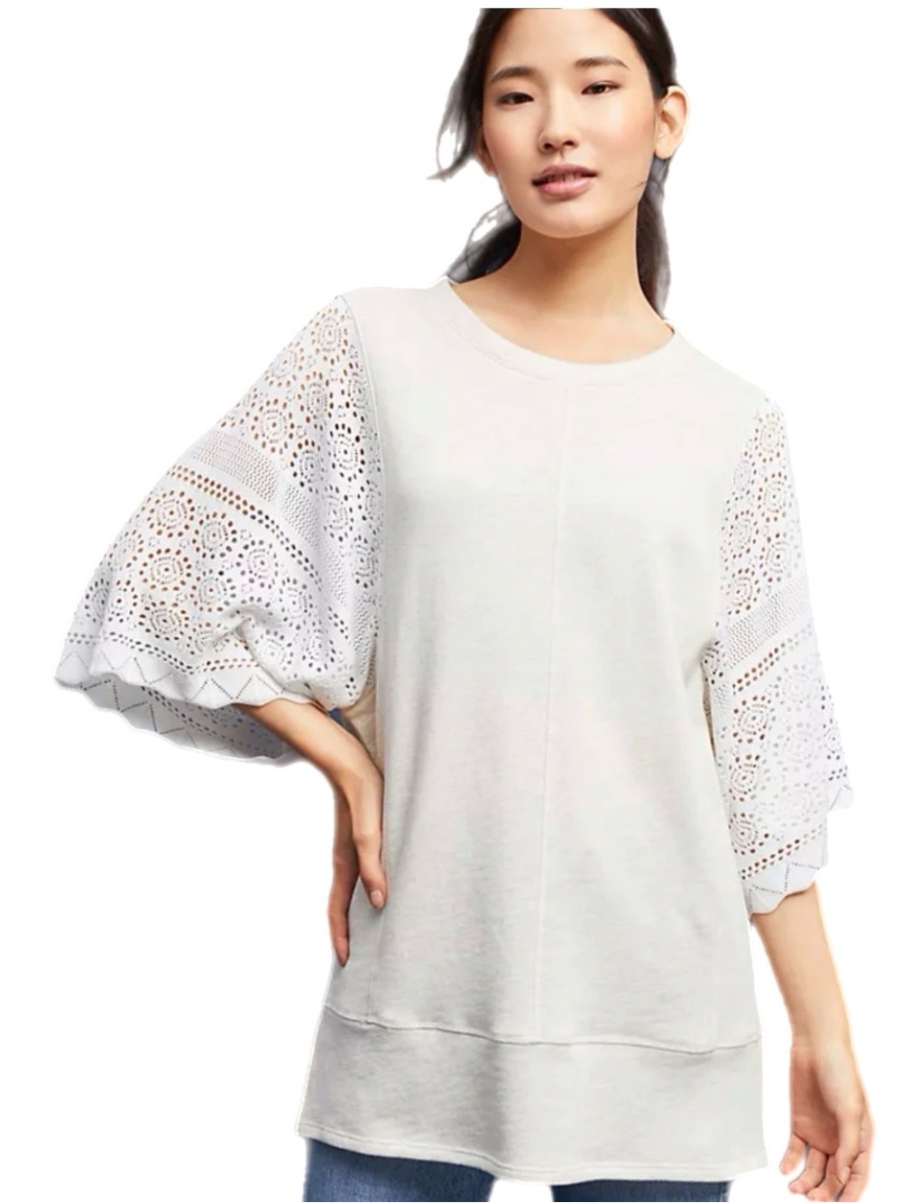 Anthropologie Akemi + Kin Coro Dolman Crochet Knit Pullover Sweatshirt L Boho